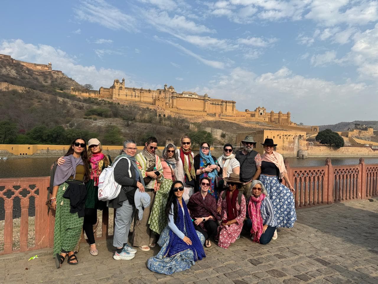 Travellers gathered below the Amber Fort in Jaipur