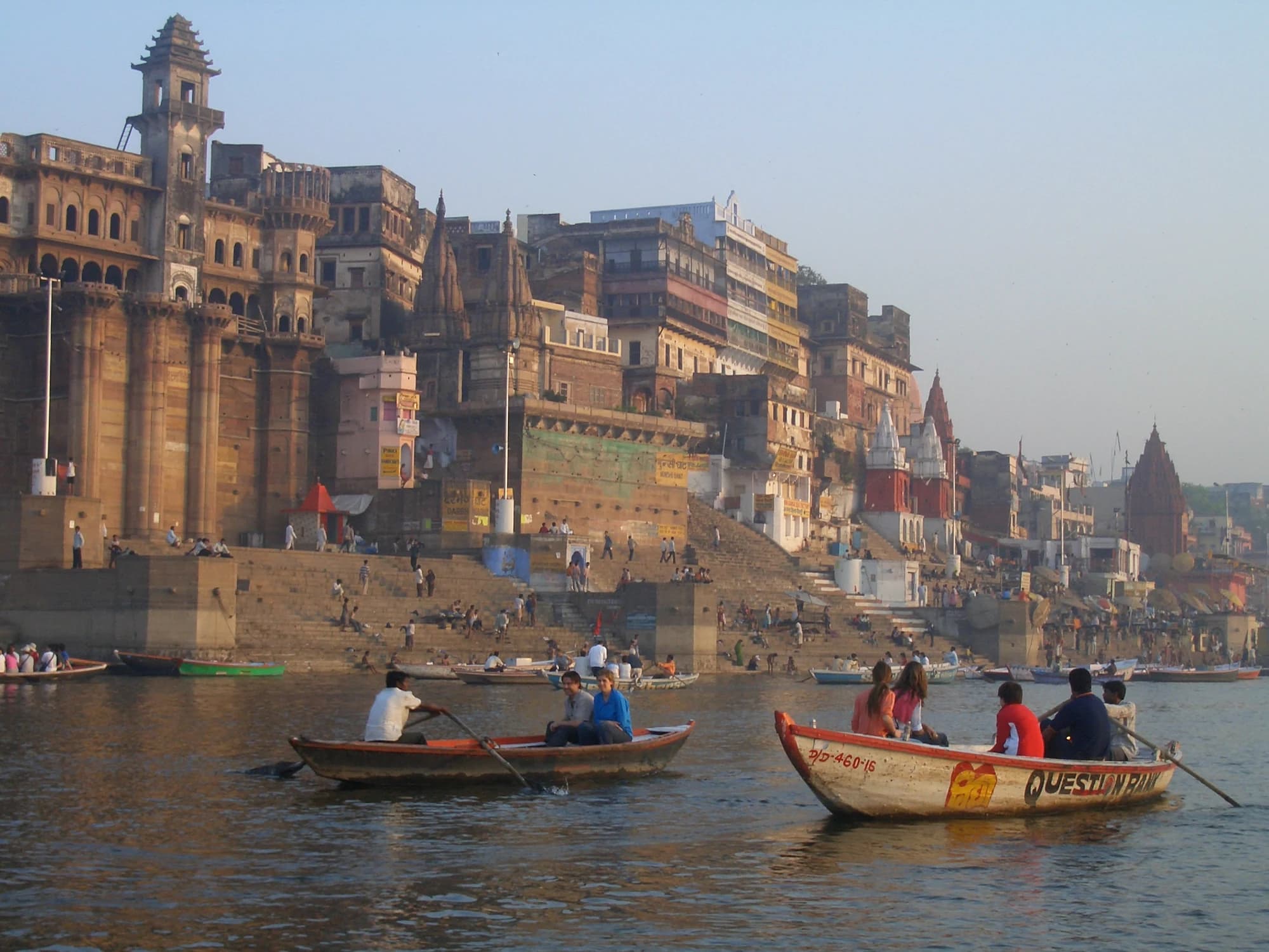 The ghats of Varanasi seen from the Ganga