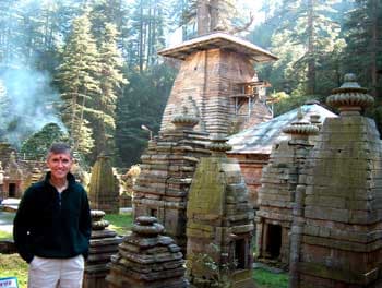 A cluster of stone shikhara temples in the forest