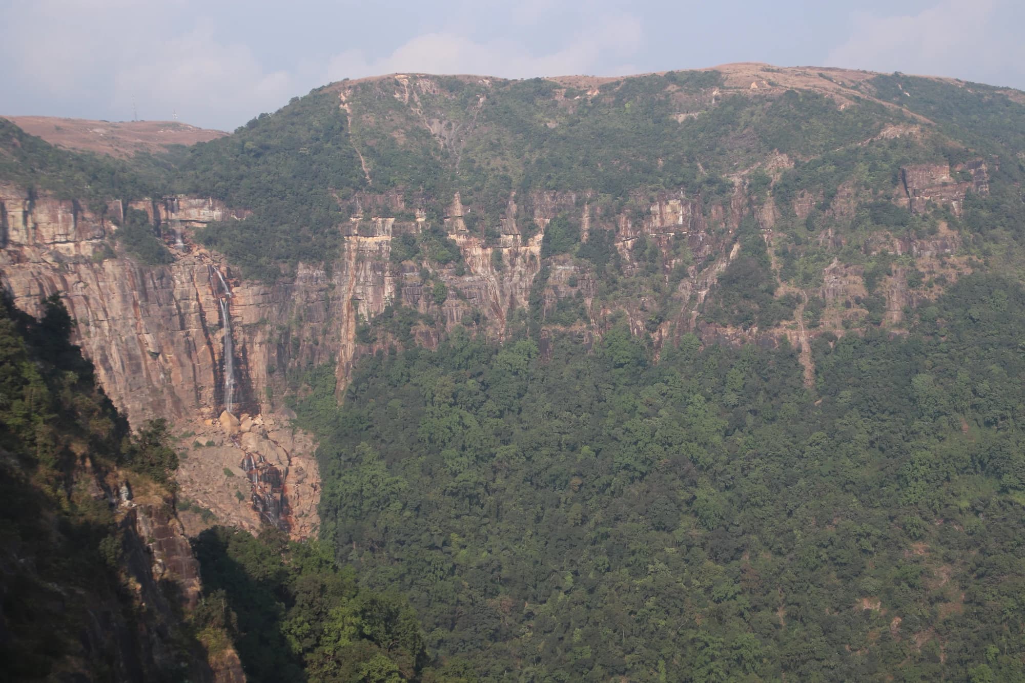 A forested gorge below sheer cliffs in the Khasi Hills of Meghalaya